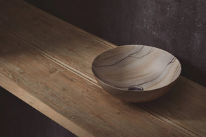 Wood bathroom vessel sink. Hand Painted. Matte natural wood finished. Bathco