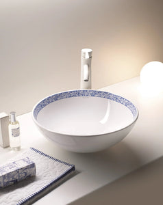 Flores decorated bathroom vessel sink. Decorated white porcelain. Bathco