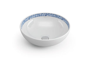 Flores decorated bathroom vessel sink. Decorated white porcelain. Bathco