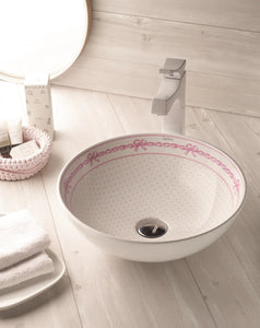 Lazos decorated bathroom vessel sink. Decorated white porcelain. Bathco