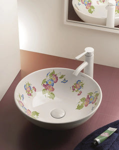 Marsella decorated bathroom vessel sink. Decorated white porcelain. Bathco