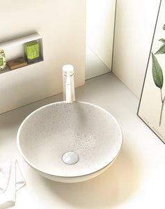 Lunar decorated bathroom vessel sink. Natural white porcelain. Matte finished Bathco