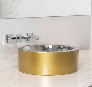 Korb Akira  14" round stainless steel vessel sink. Golden vessel bathroom sink