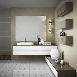 Custom 80 inches vanity. Finger pull drawers. Matte white. Top and sides in Dark Grey High glossy.