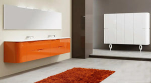 Vienna Contemporary Floating 84" double sink bathroom vanity. Orange glossy Secret Bath