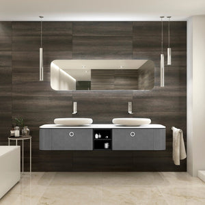 Tubular double sink wall mounted bathroom vanity 75". Gray Leather Upholstery Coleccion Alexandra