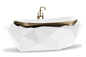 Frontal view of Diamond Bathtub and Gold free standing bathtub faucet. White glossy bathtub.