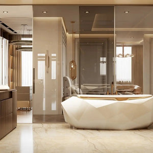 Amazing master bathroom with luxury white and gold bathtub, Diamond collection. Gold bathtub filler.