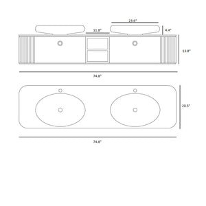 Tubular double sink wall mounted bathroom vanity 75". Gray Leather Upholstery Coleccion Alexandra